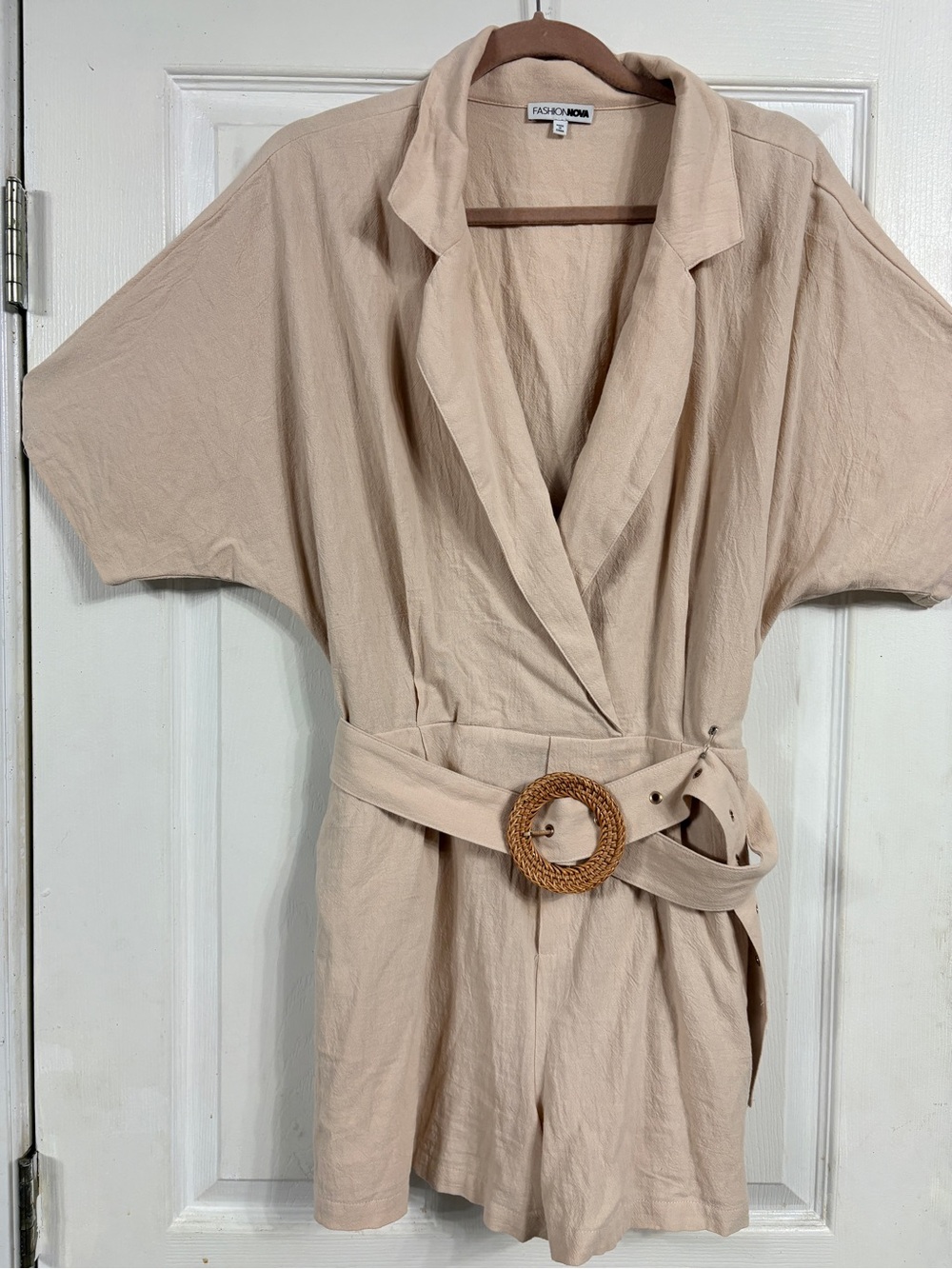 Fashion Nova Neutral Beige Linen Wrap Romper with Woven Buckle